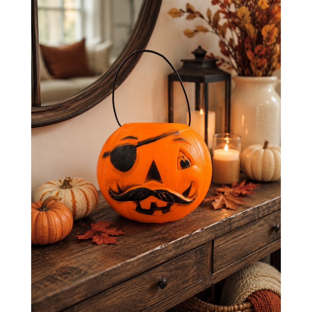 Vintage Pirate Plastic Jack-O'-Lantern Candy Bucket Fair Condition - READ